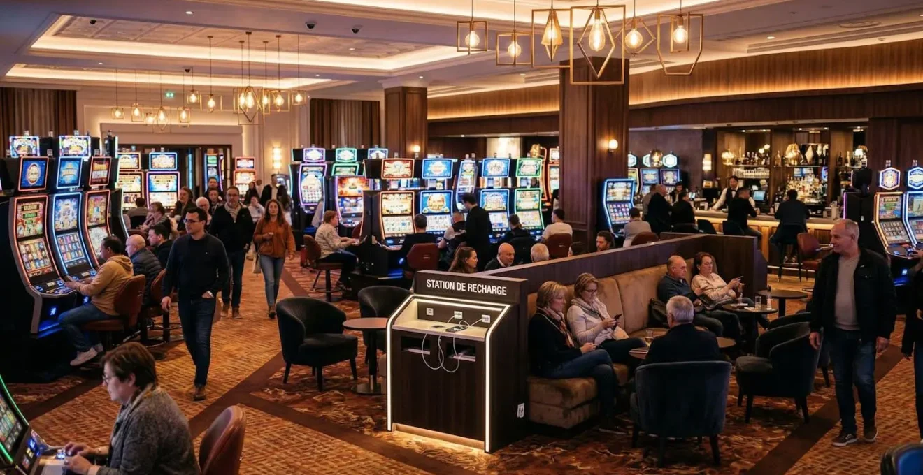 Espace de jeux casino avec station de charge visible dans le décor
