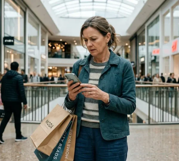 Visiteuse de centre commercial vérifiant son téléphone avec expression préoccupée