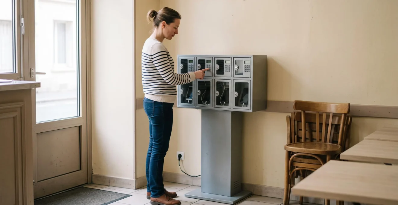 Un client utilise seul une borne de recharge téléphonique en libre-service installée dans le coin d'un bar.