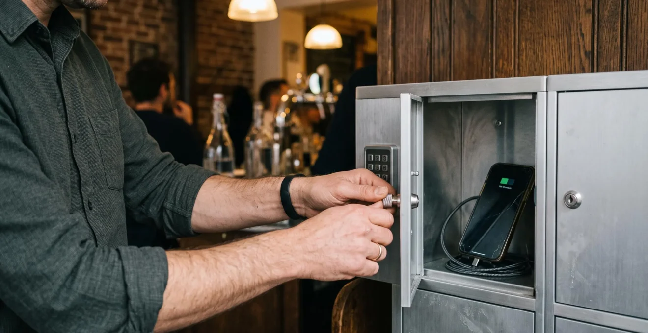 Un gérant vérifie le compartiment verrouillable d'une borne de recharge où est posé un téléphone.
