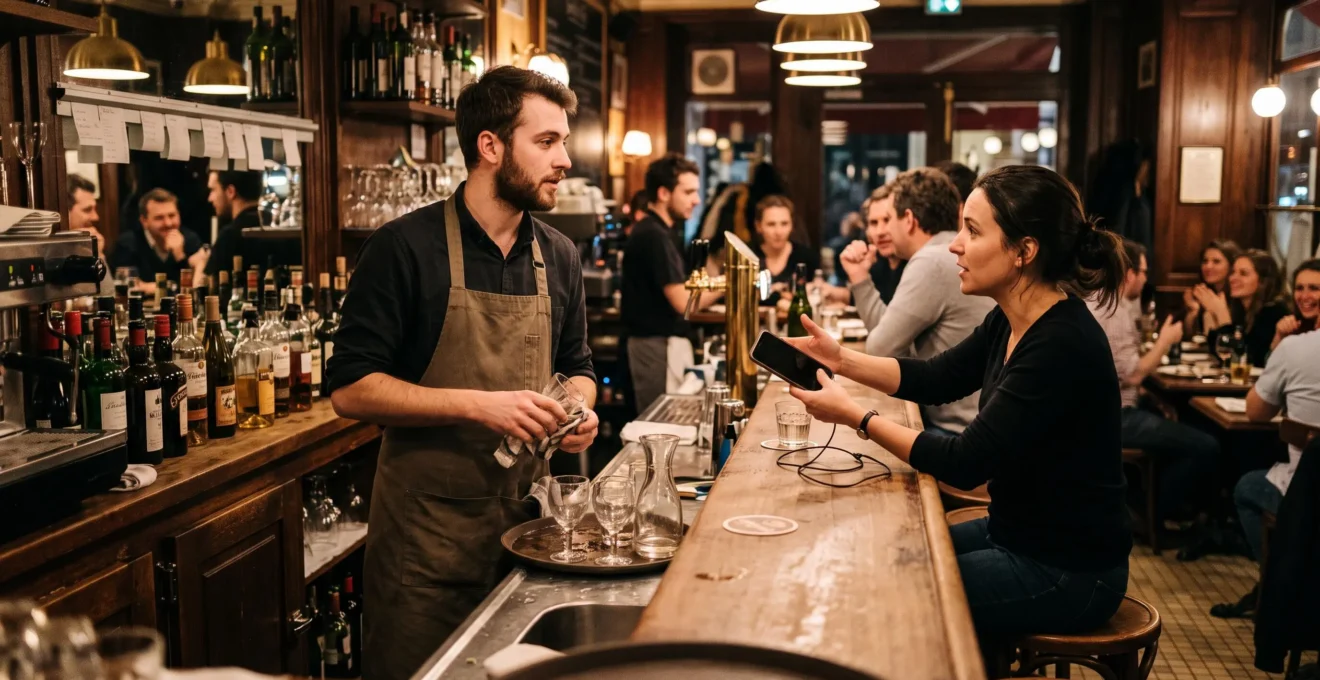 Un serveur derrière le comptoir d'un bar français est interrompu en pleine soirée par un client qui lui tend son téléphone à recharger.