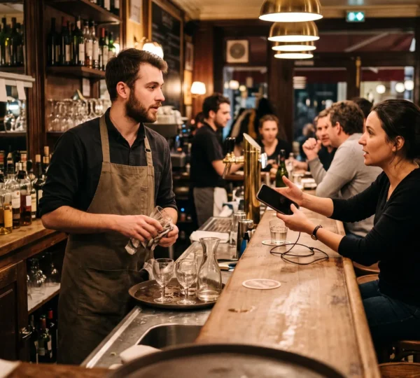 Un serveur derrière le comptoir d'un bar français est interrompu en pleine soirée par un client qui lui tend son téléphone à recharger.