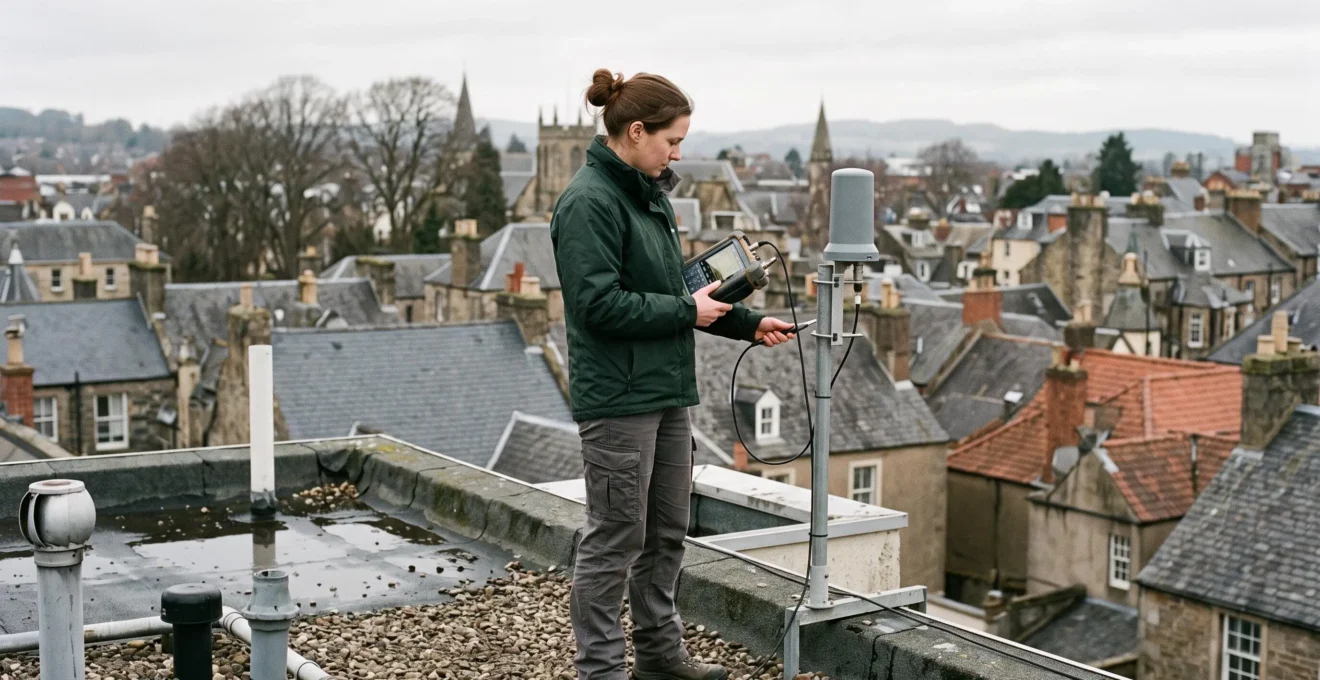 Un ingénieur teste le niveau de signal d'une antenne IoT sur un toit urbain.