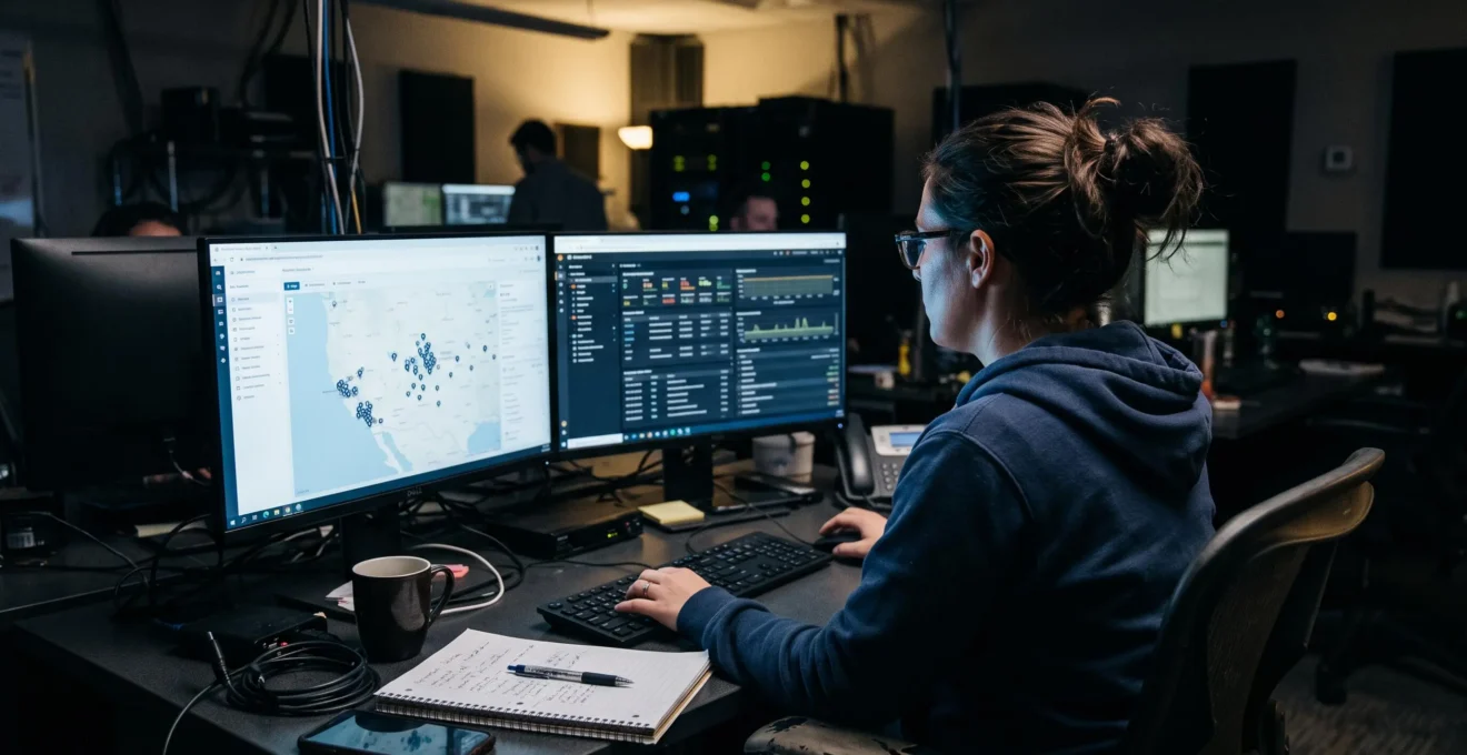 Une opératrice supervise une flotte d'équipements connectés depuis une salle de surveillance.