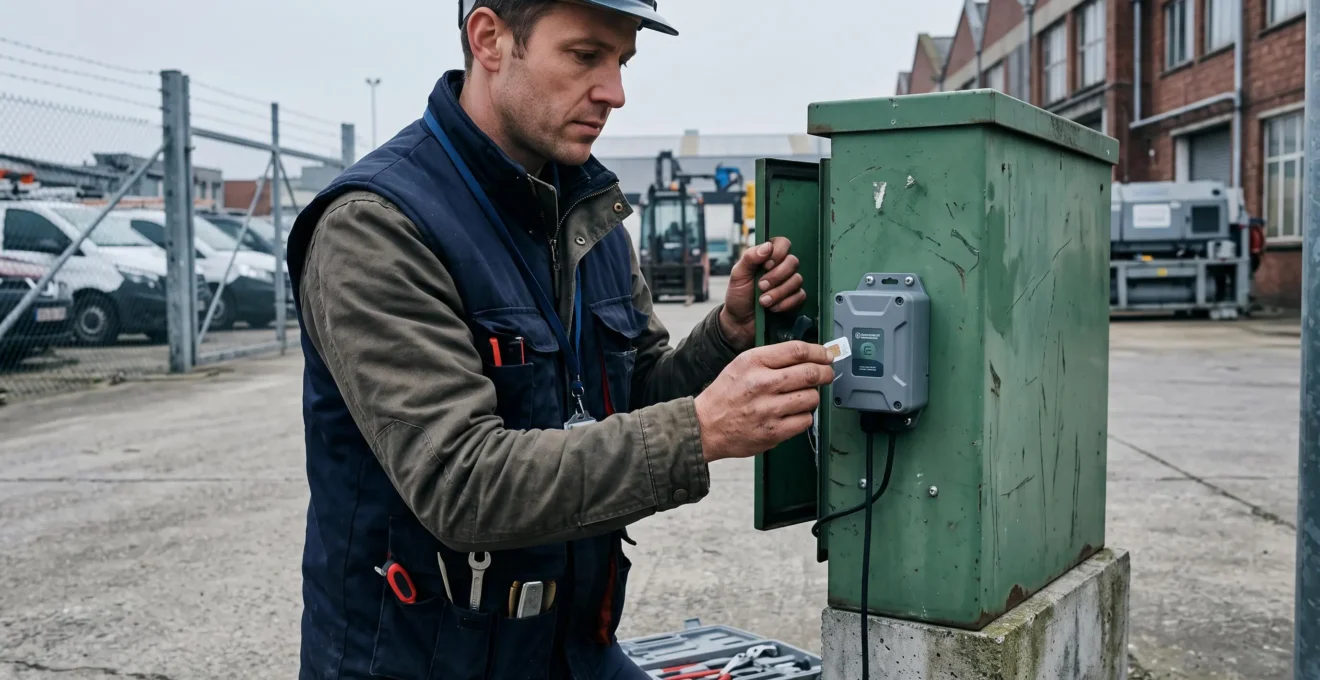 Un technicien insère une carte SIM dans un boîtier IoT industriel fixé à l'extérieur.
