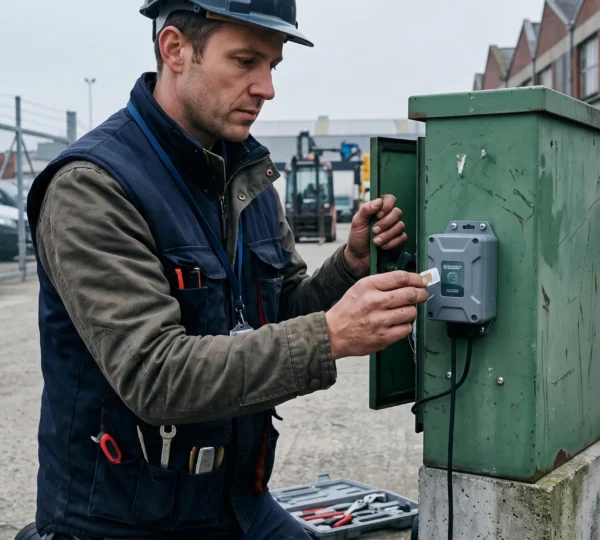 Un technicien insère une carte SIM dans un boîtier IoT industriel fixé à l'extérieur.